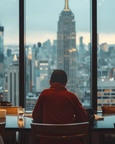 Man enjoying city view from a luxury urban hotel room overlooking Manhattan