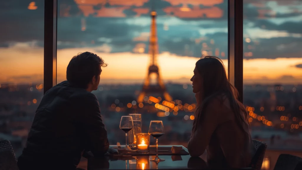 Couple at a luxury urban hotel's restaurant overlooking the Paris skyline at dusk