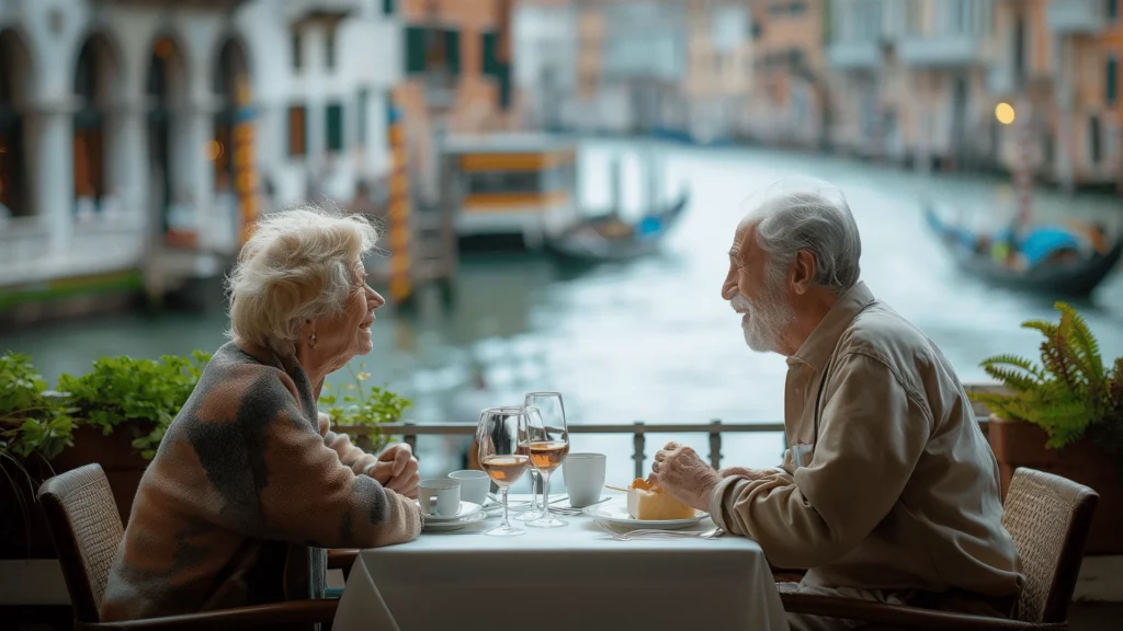 Elderly couple dining at a luxury urban hotel with a canal view in Venice