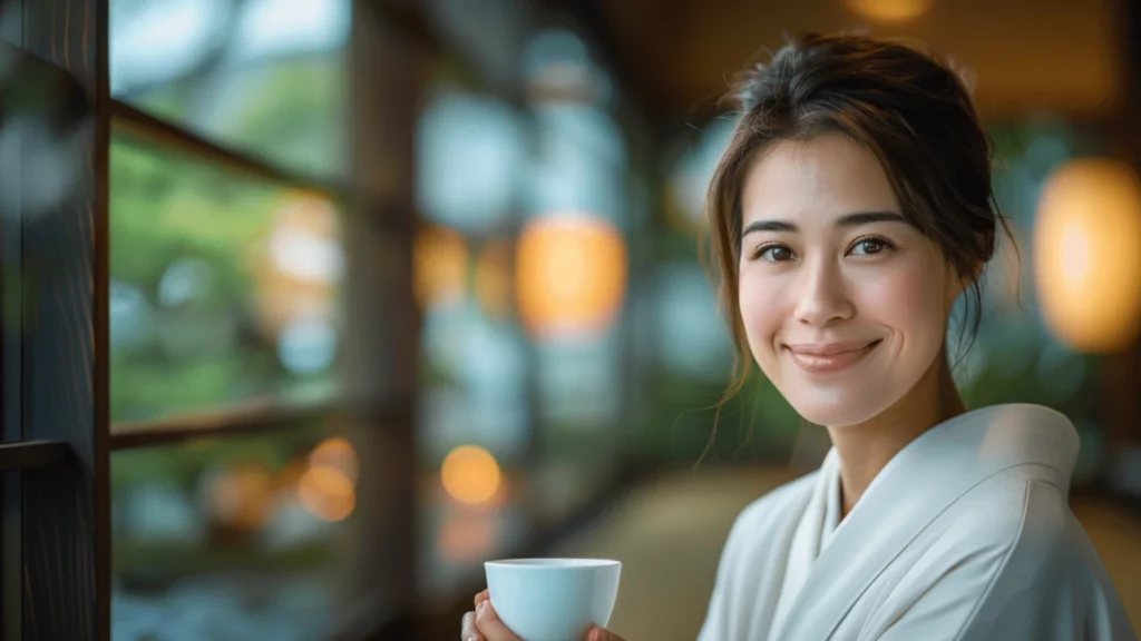 Woman sipping tea in a luxury urban hotel's traditional Japanese setting