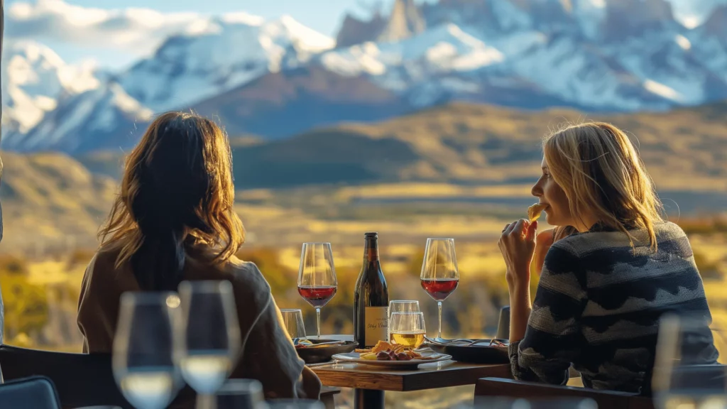 Friends enjoying fine dining with scenic mountain views at a luxury resort