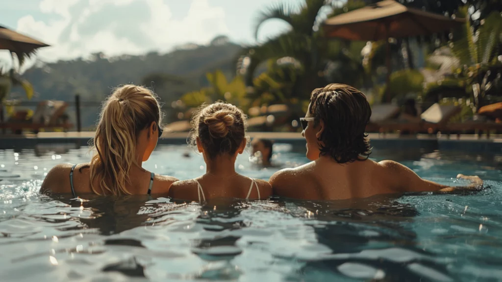 Group of friends in an infinity pool overlooking a tropical mountainous landscape at a luxury resort