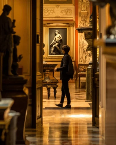 A guest explores the elegant corridor of a historic luxury hotel, adorned with classical art.