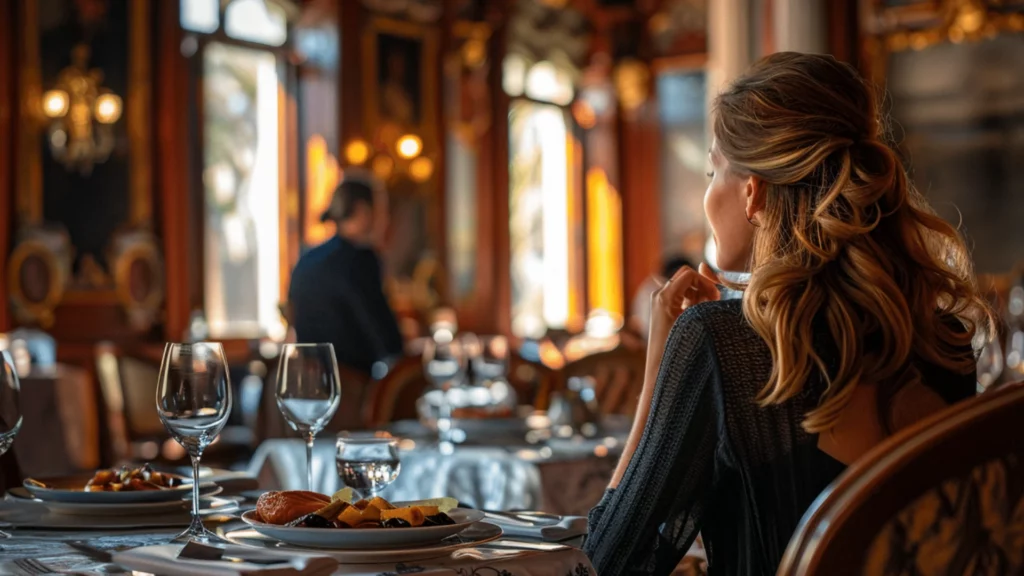 A diner enjoys a gourmet meal in the lavish dining hall of a historic luxury hotel.