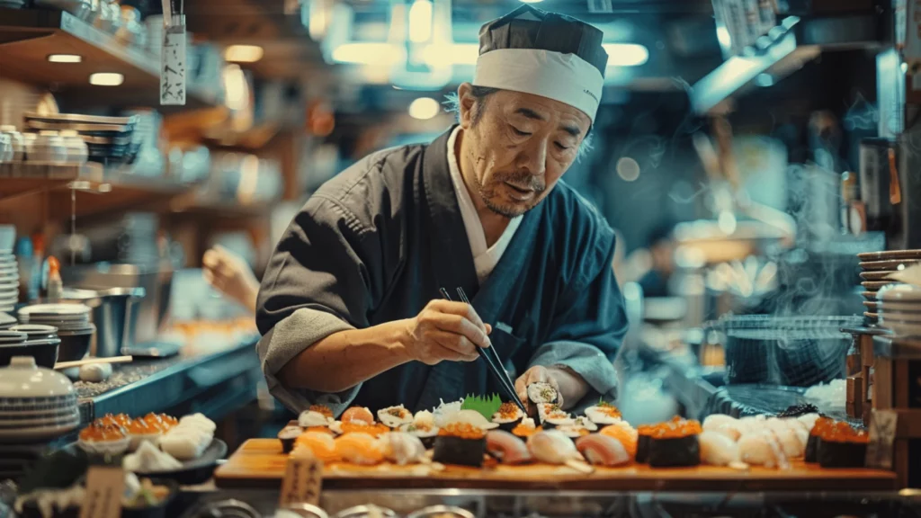 Sushi chef in Tokyo perfects sushi, embodying the precision of Japanese gourmet travel experiences