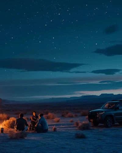 A group enjoying a campfire under the stars near a vehicle in an exclusive oasis retreat