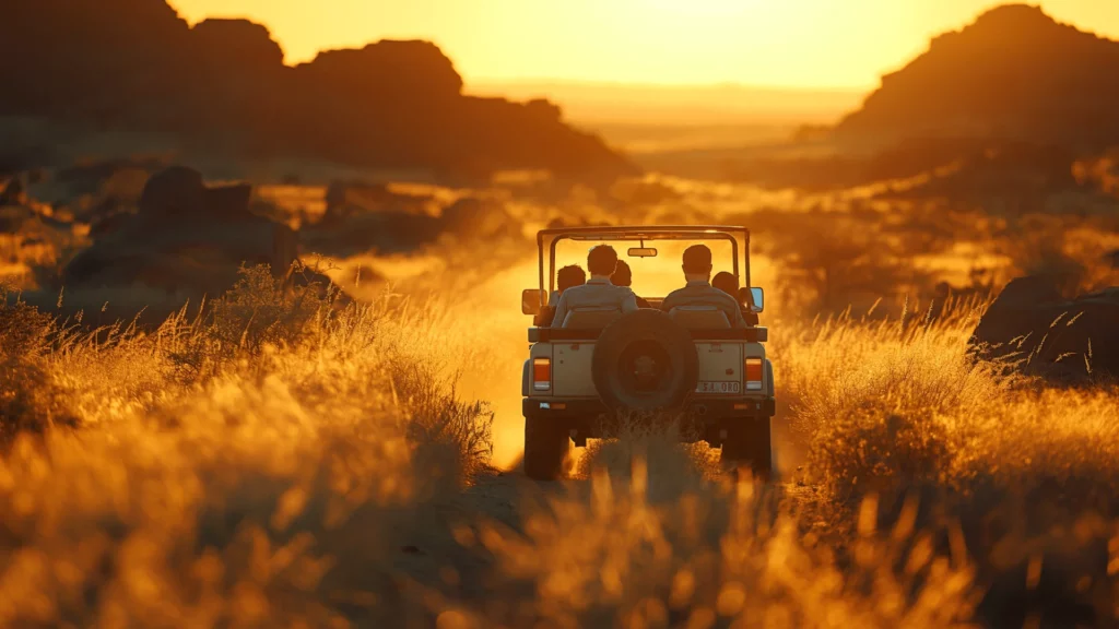 Friends driving through golden fields in a jeep at sunset in a luxury desert escape
