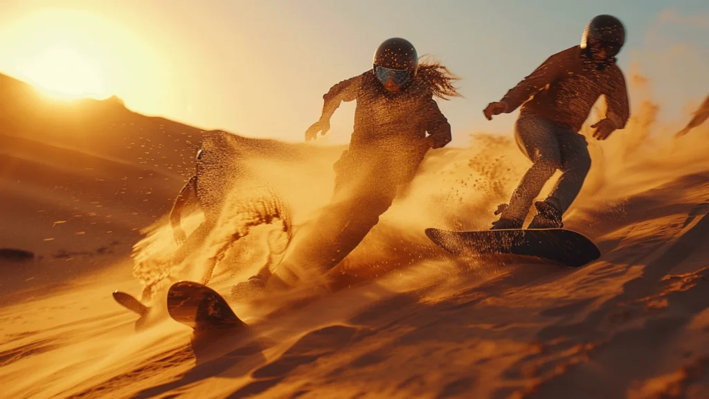 Adventurers sandboarding on dunes during an action-packed exclusive oasis retreat
