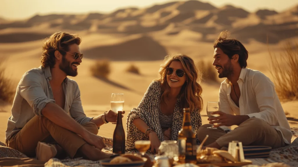 Friends toasting wine on a desert picnic at an exclusive oasis retreat with dunes in the background
