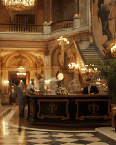 Man in tuxedo in opulent lobby of a royal palace accommodation