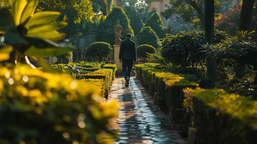 A gentleman walking through the manicured gardens of a royal palace stay