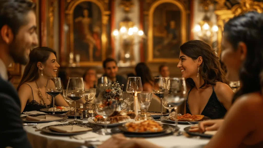 Group enjoying a lavish dinner at a royal palace accommodation's dining hall