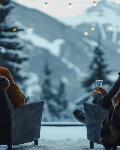 Two friends enjoying an exclusive winter getaway in a cozy mountain setting