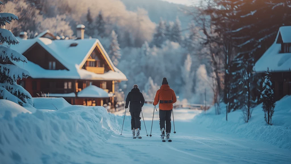 Skiers heading out for a snowy adventure in an upscale ski resort