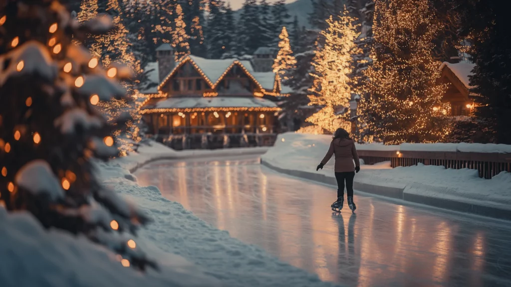A serene ice skating moment captured at a picturesque winter retreat