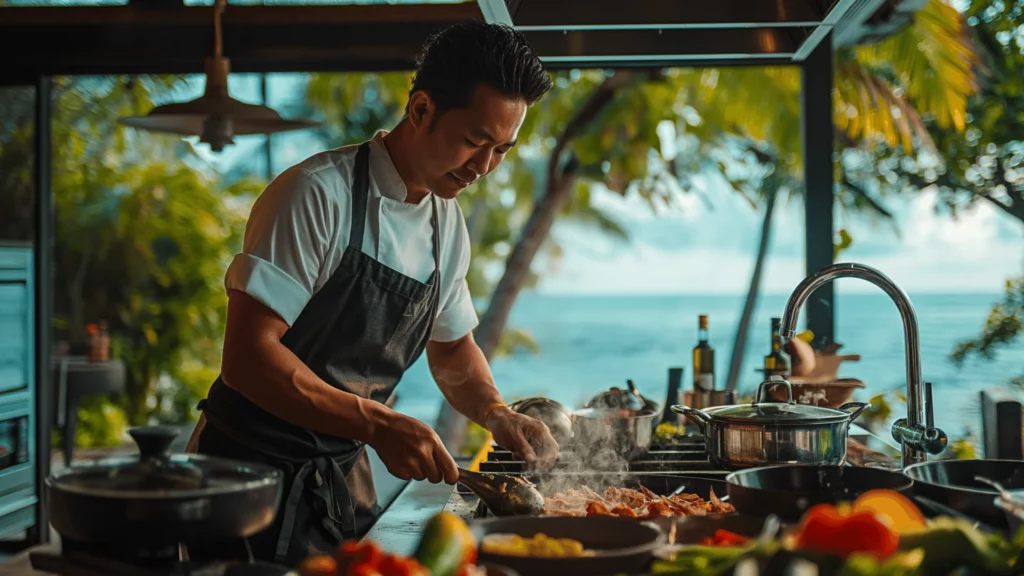 Chef preparing gourmet meal with ocean view on a private island retreat