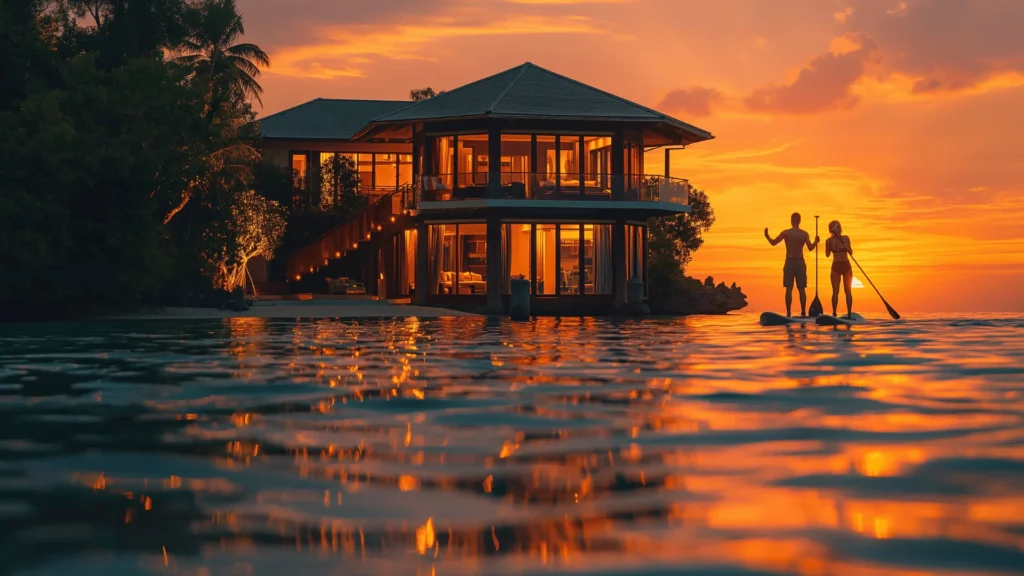 Sunset paddleboarding off the shore of a luxury private island villa