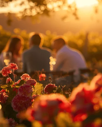 Sunset dining at a luxury vineyard stay with wine glasses and vibrant flowers