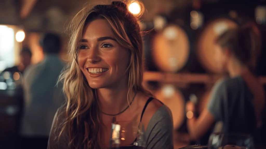 Smiling woman enjoying a wine tasting at a luxury vineyard stay cellar
