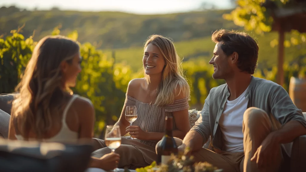 Group of friends toasting at a luxury vineyard stay in the golden hour sunlight