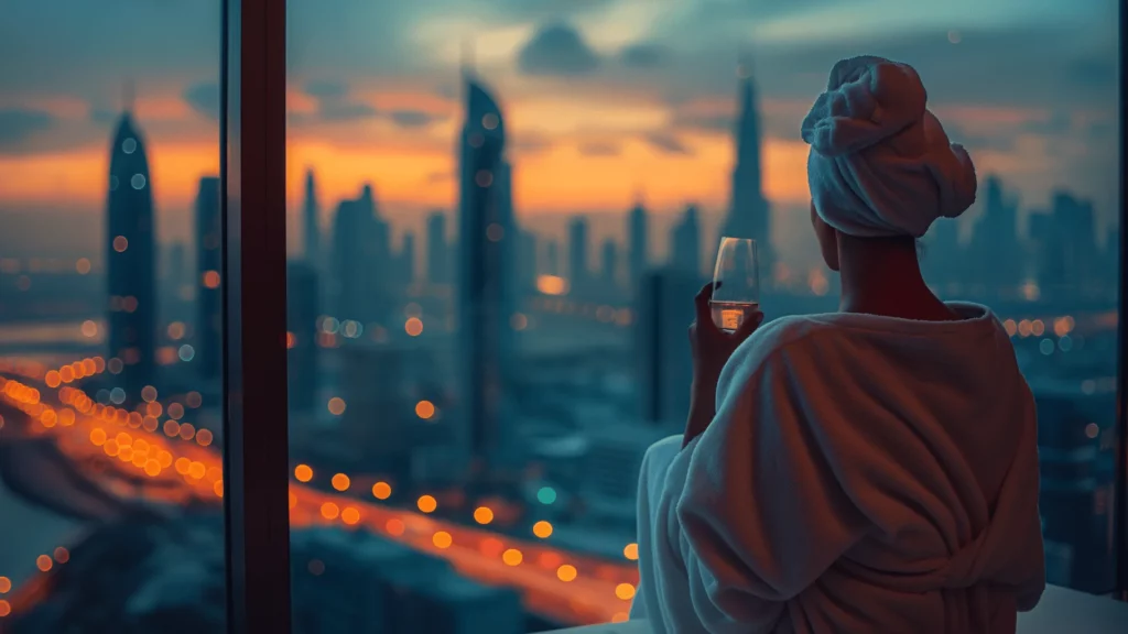 A woman enjoys a cityscape view from a high-rise architectural luxury hotel