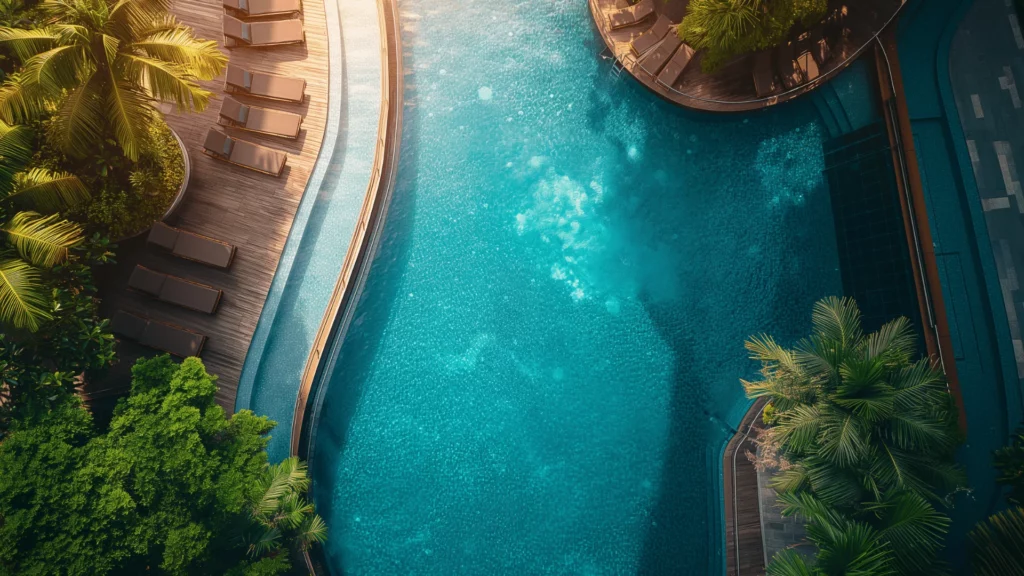 An aerial view of a serpentine pool at a tropical architectural luxury hotel