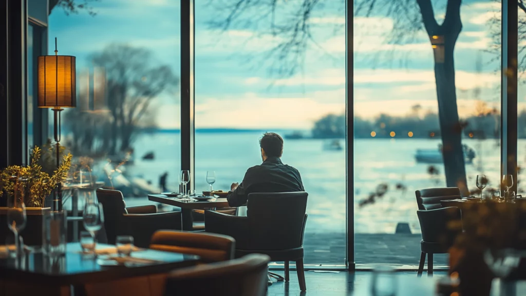 A solitary diner overlooks a lakeside view from an architectural luxury hotel's restaurant
