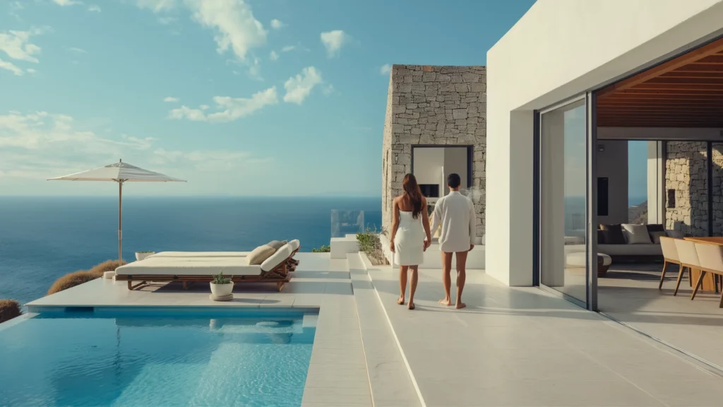 A couple strolling at the edge of the oceanview infinity pool of their Santorini villa.