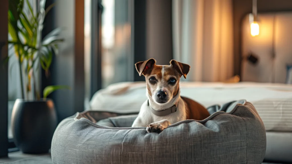 A serene Jack Russell terrier enjoying the plush comforts of a luxury pet-friendly hotel room