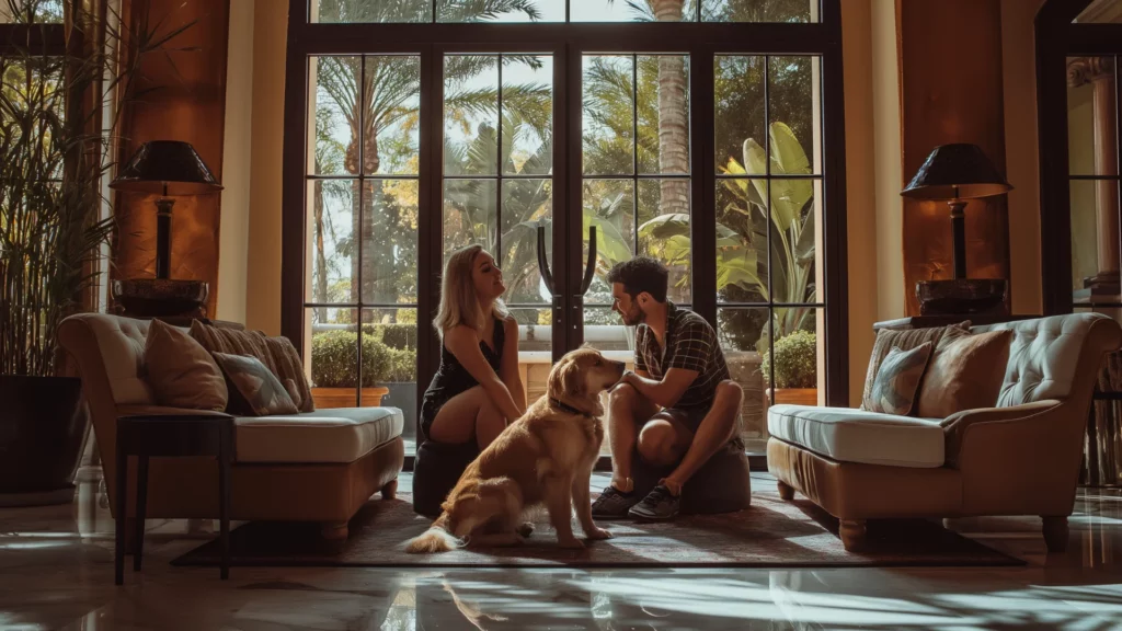 A couple bonding with their golden retriever in the elegant lobby of an upscale pet-friendly vacation resort.