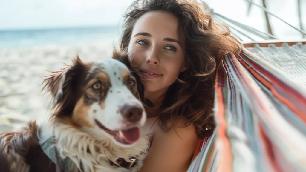 A woman relaxing in a hammock on a beachfront, sharing a moment with her Australian Shepherd at an exclusive stay with pets.