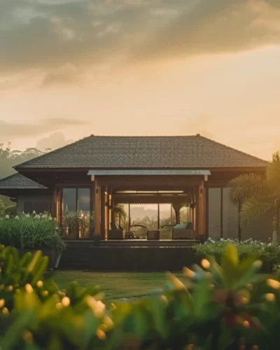 Sustainable luxury villa pavilion basked in the golden light of sunset, offering a tranquil space for relaxation amidst natural surroundings