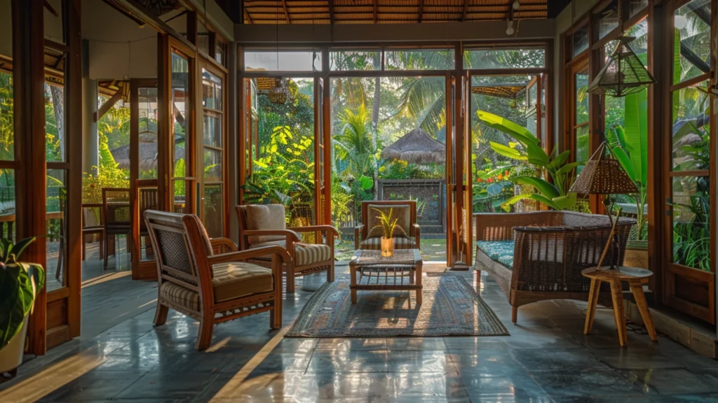 Luxury villa rental featuring an expansive living area with floor-to-ceiling glass walls opening to a lush tropical garden, exemplifying eco-friendly luxury retreats