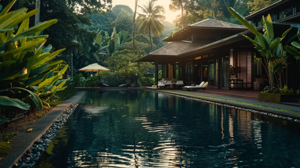 Serene dusk at an eco-friendly luxury villa with an infinity pool overlooking a dense tropical forest, capturing the essence of green luxury vacations.