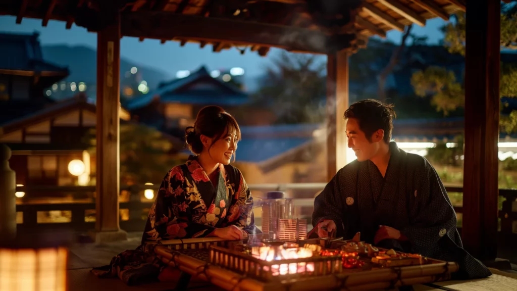 A couple enjoys a warm, intimate dinner in traditional Japanese attire, encapsulating the exclusive adventure vacation experience in Kyoto