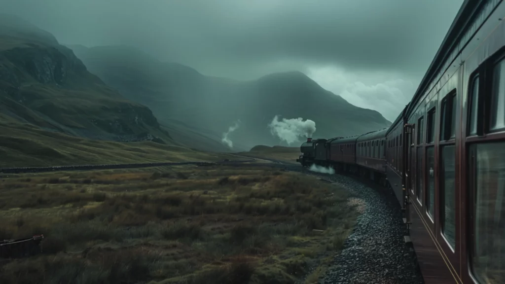 A classic steam train winds through the misty, rolling hills, offering passengers a unique travel experience through Scotland.