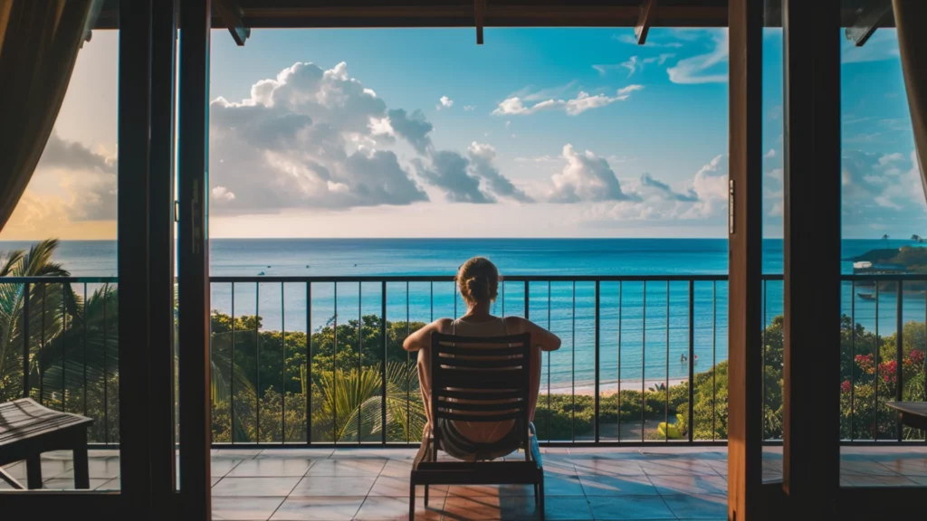 A person sits in peaceful solitude on a balcony, gazing at the ocean from one of the premier luxury seaside resorts