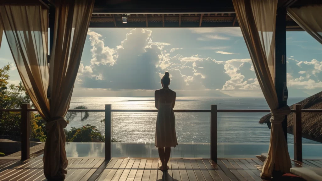 A woman stands contemplatively on the deck of a secluded luxury getaway, admiring the expansive ocean views