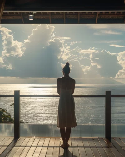 A woman stands contemplatively on the deck of a secluded luxury getaway, admiring the expansive ocean views