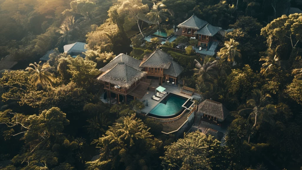 An aerial view of an exquisite villa nestled on a private island