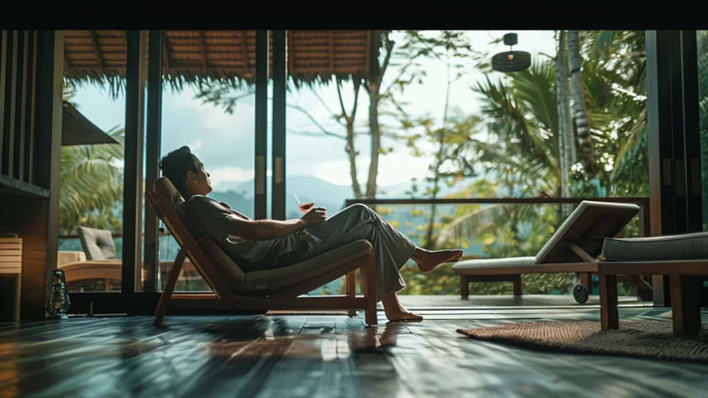 A man reclines in a serene, open-air living space, enjoying the tranquil atmosphere of a secluded luxury getaway