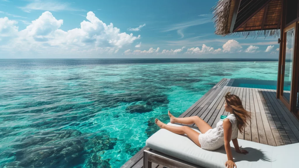 A woman lounging in solitude, overlooking the crystal-clear waters from the deck of a luxury villa in a hidden paradise destination.