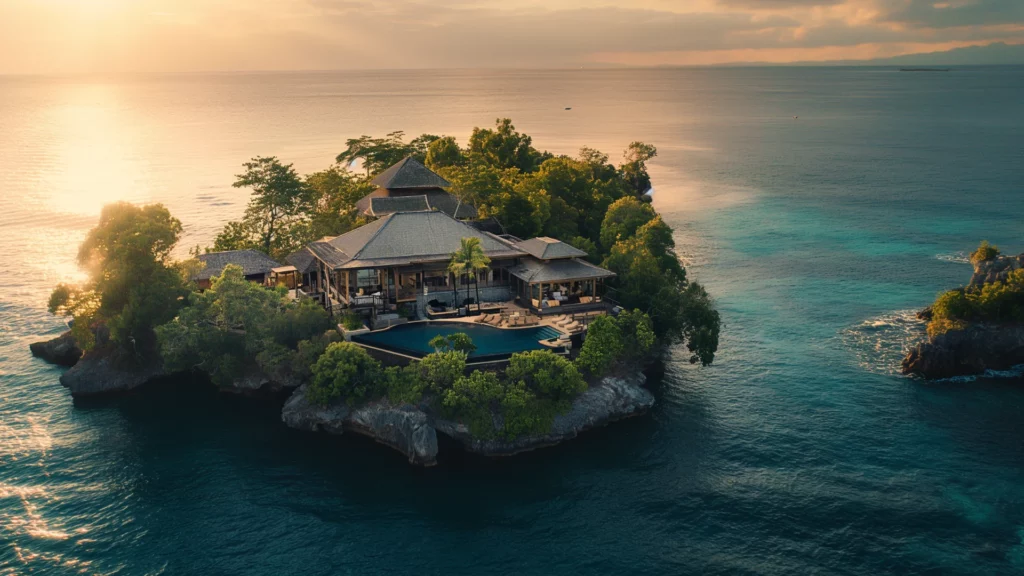 A secluded island villa at sunset, encapsulating the exclusive luxury of untouched travel spots with its private ocean views and lush foliage