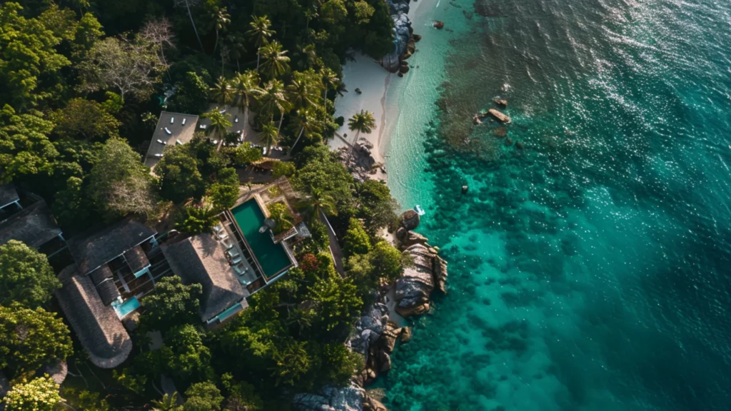 Aerial view of a secret luxury location nestled on a rocky outcrop, surrounded by the emerald waters of a serene tropical paradise