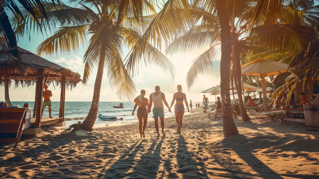 A group strolls hand in hand along a sun-drenched beach at one of the premier year-round summer destinations.