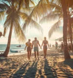 A group strolls hand in hand along a sun-drenched beach at one of the premier year-round summer destinations.