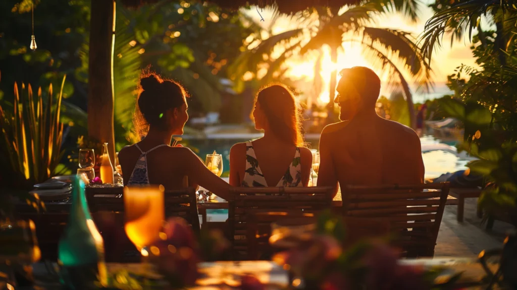 Friends enjoy a sunset dinner in an idyllic tropical setting.