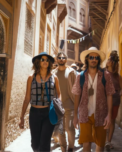 Adventurous tourists on an educational luxury trip exploring the historic and narrow streets in Morocco.