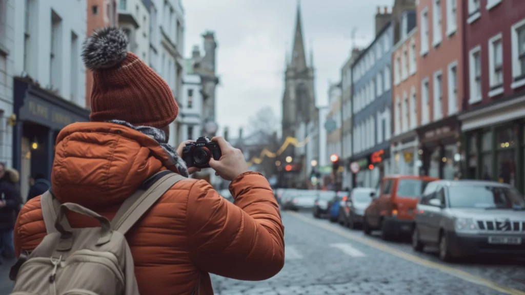 Traveler capturing the essence of a cultural travel destination with a camera on a bustling city street in Ireland.