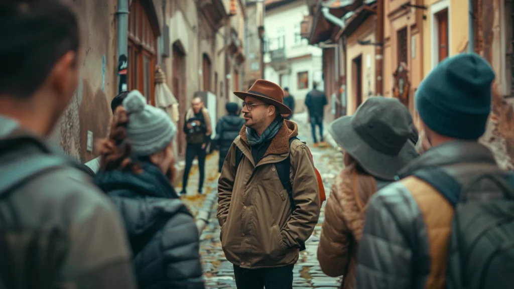 A tour guide leading a group of travelers on a luxury cultural journey through an ancient cobblestone alley.